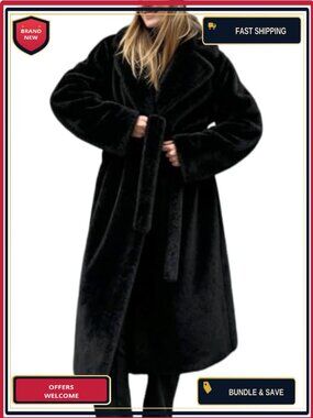Faux Fur Long Belted Maxi Winter Coat Warm Fluffy Jacket